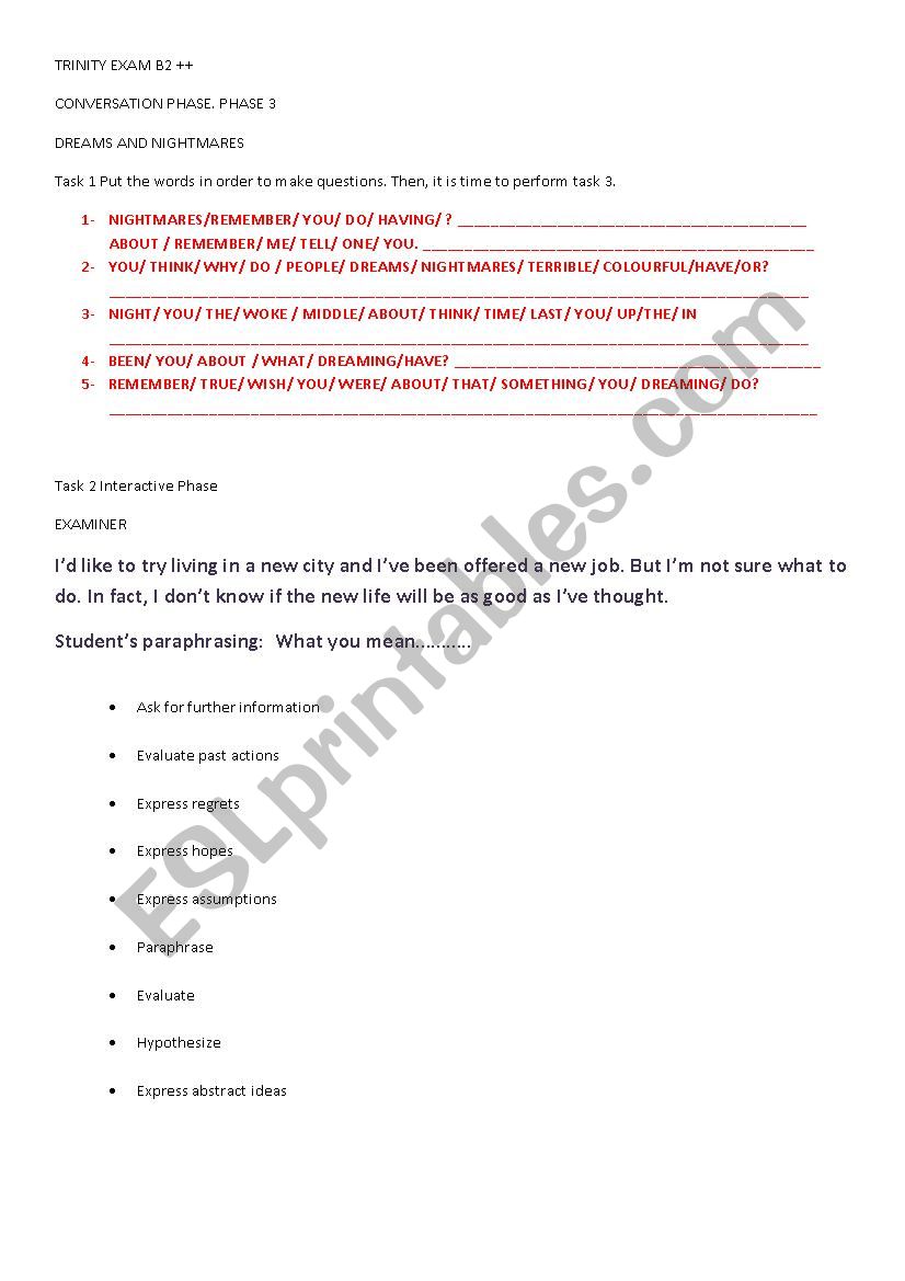 Trinity B2++ or grade 9 worksheet