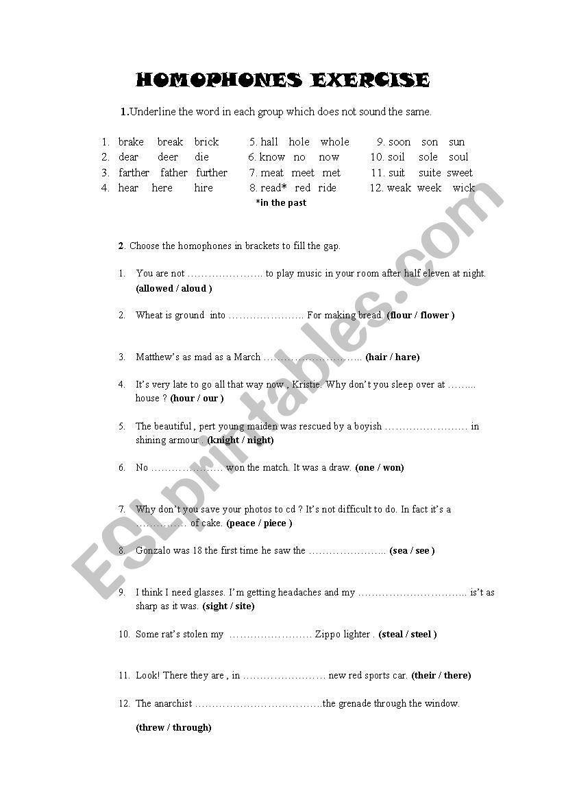 Homophone exercise  worksheet