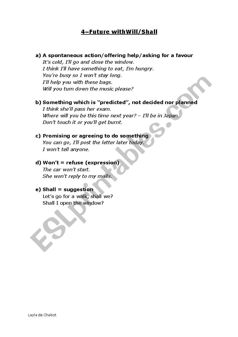 When to use Will/Shall - a summary sheet