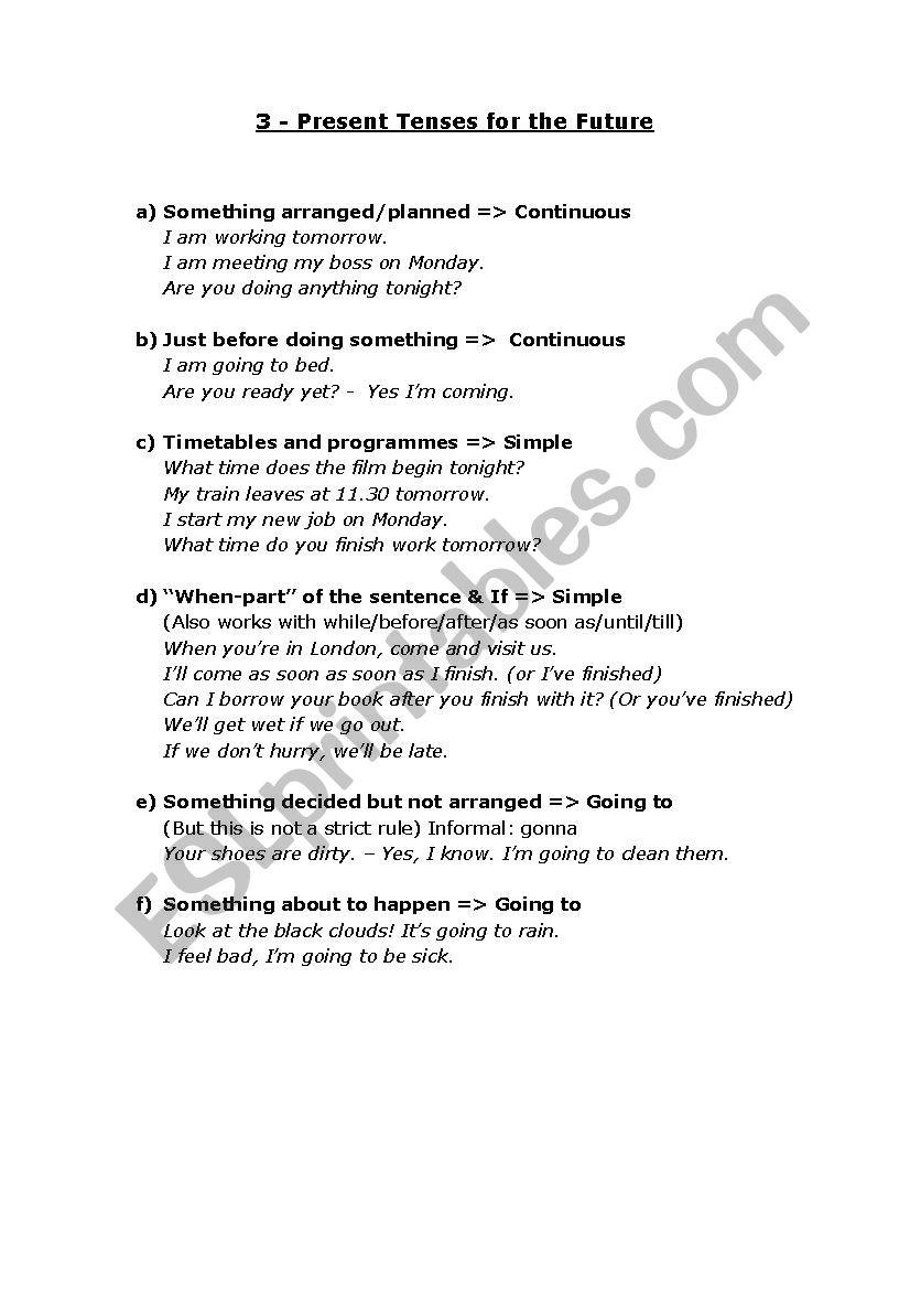 Present Tenses for the Future - a Summary Sheet