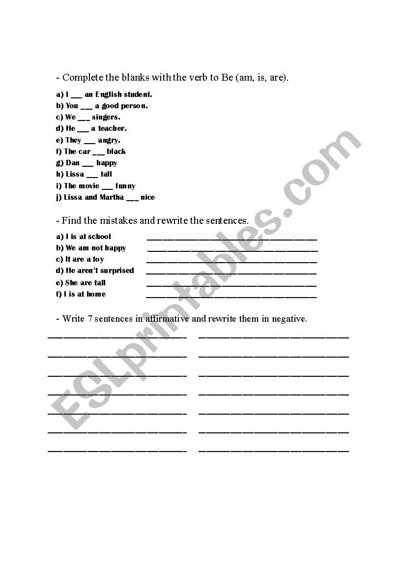 Verb to be worksheet