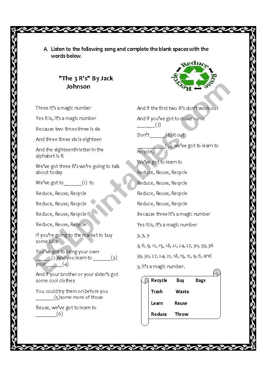3 Rs Song activity worksheet