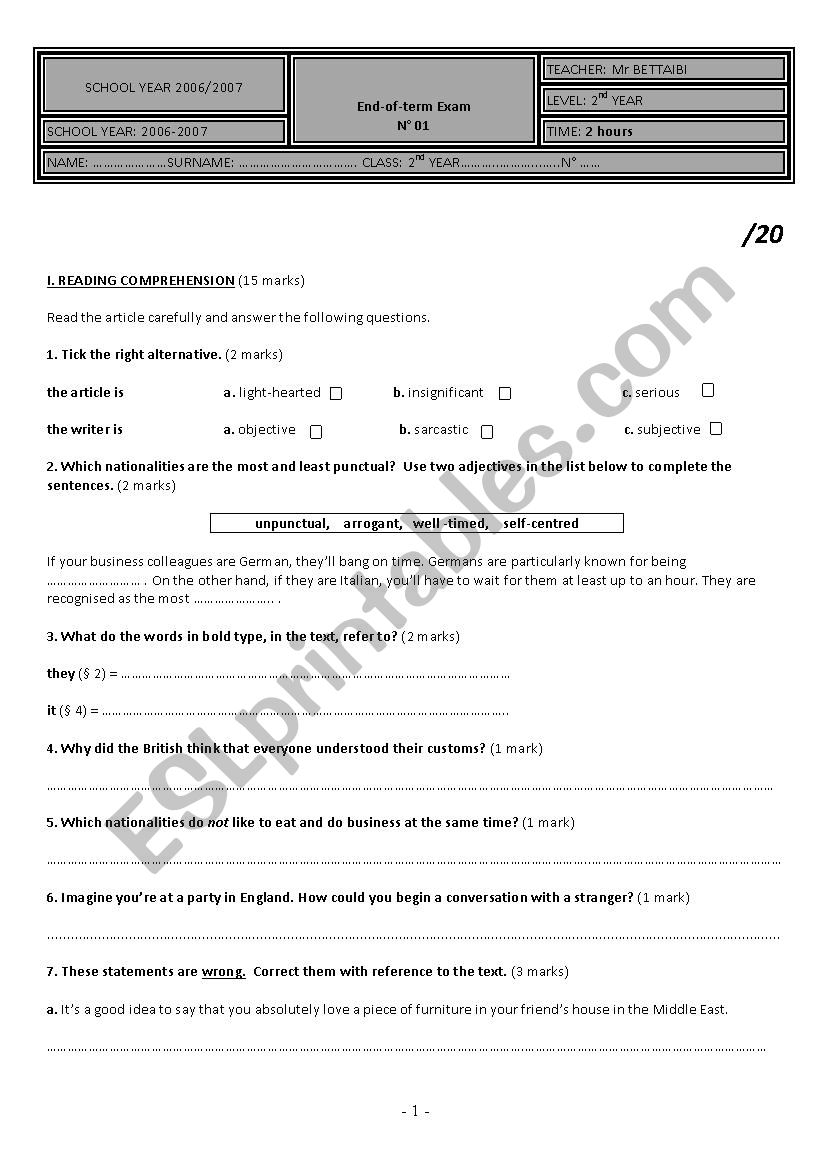 End-of-term Exam N 01 (2nd Year Students)