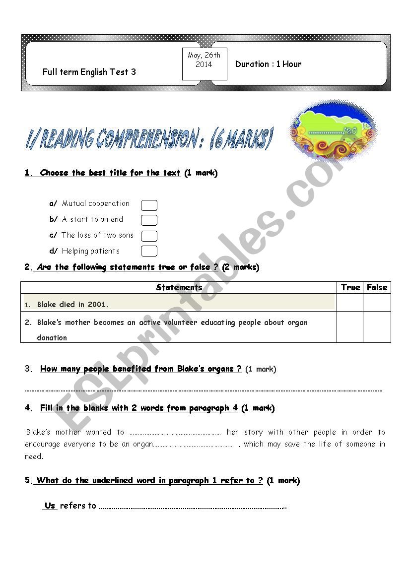 End of term test 9th form  worksheet