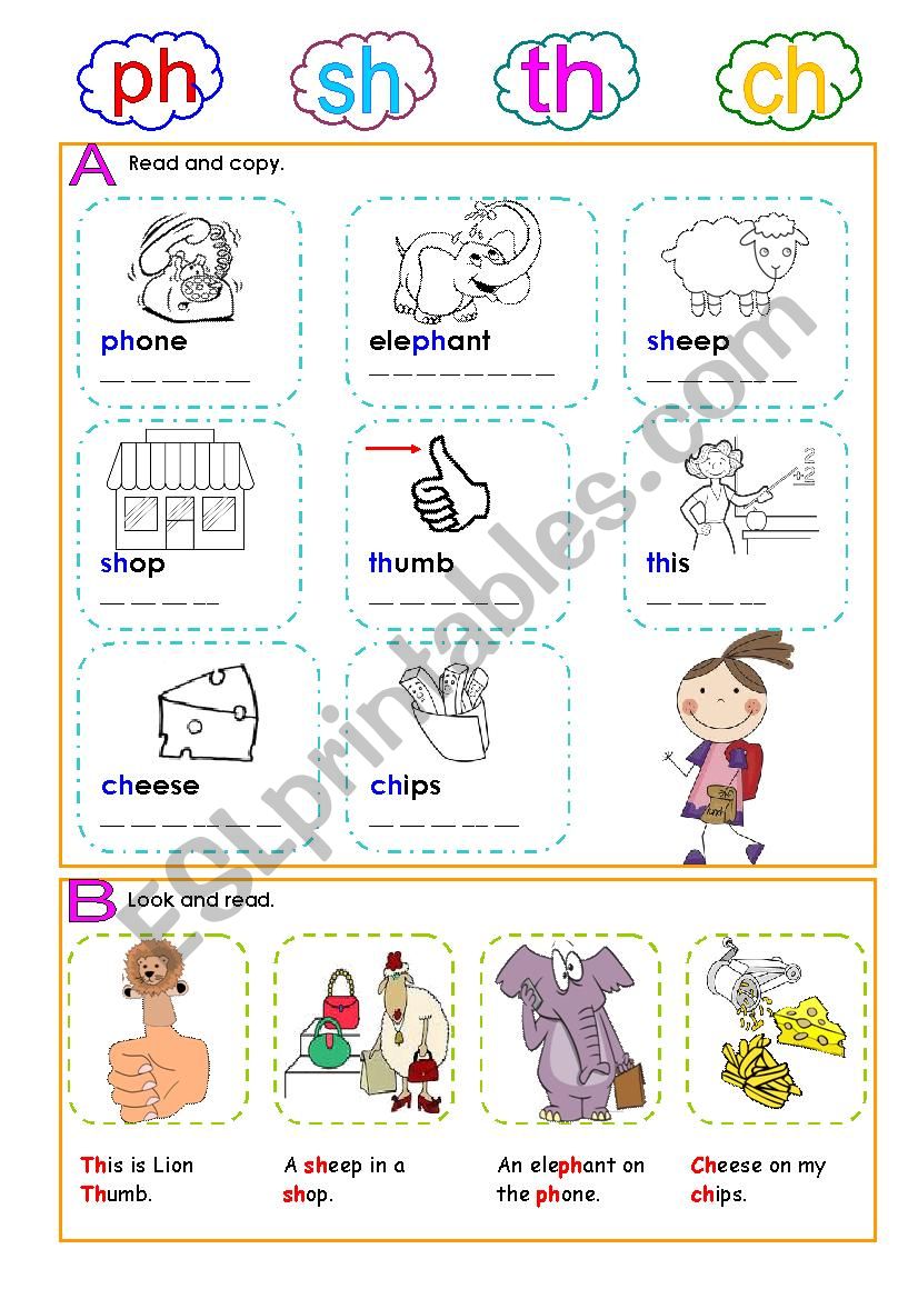 Digraphs - th, ch, sh, ph worksheet