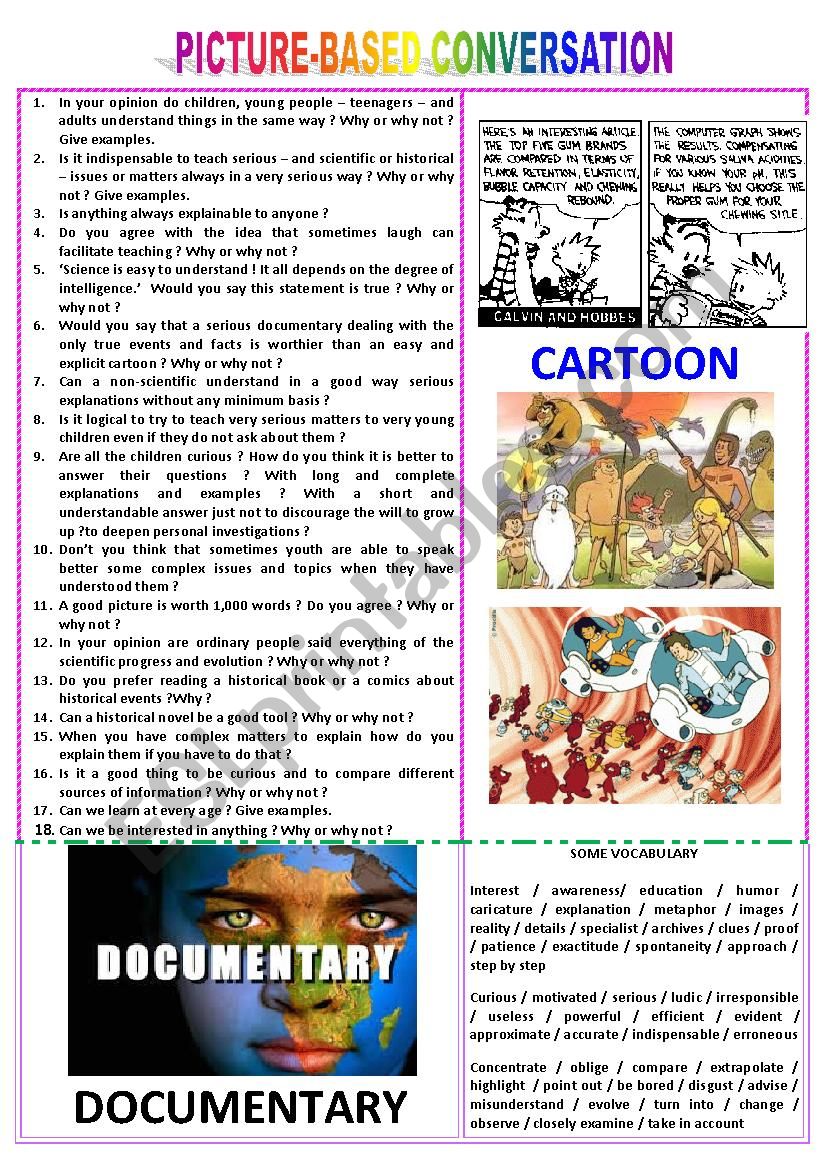 Picture-based conversation : topic 89 - cartoon vs documentary.