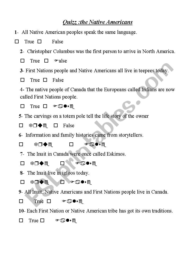 quiz the Native Americans worksheet