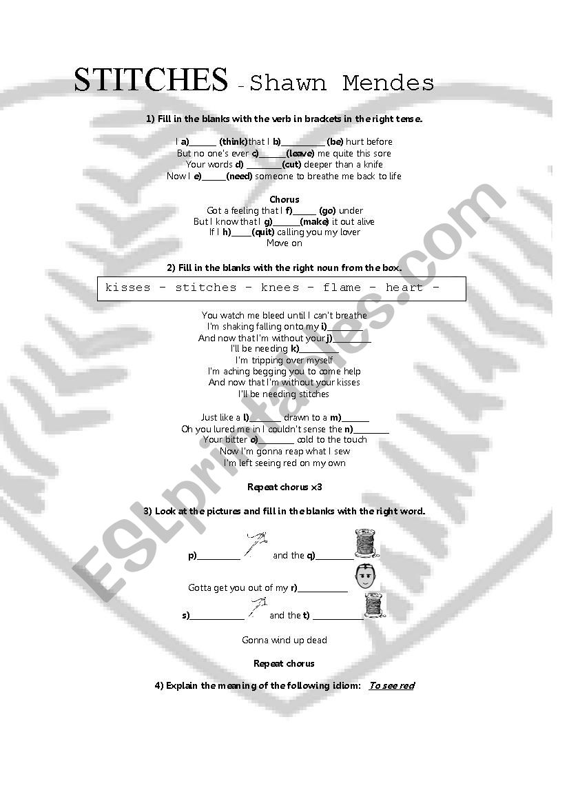 Stitches - Shawn Mendes worksheet