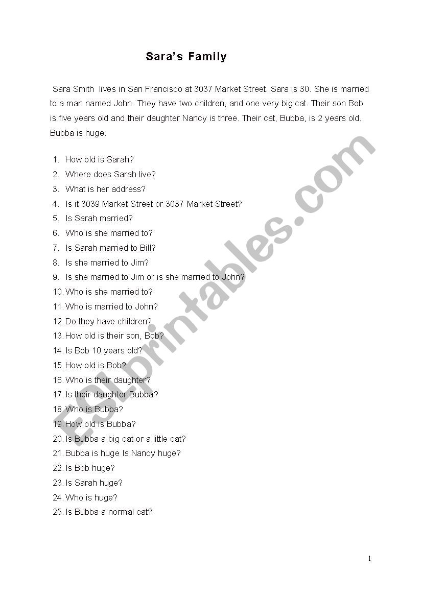 SaraÂ´s family (Simple Present) - Reading Comprehension 