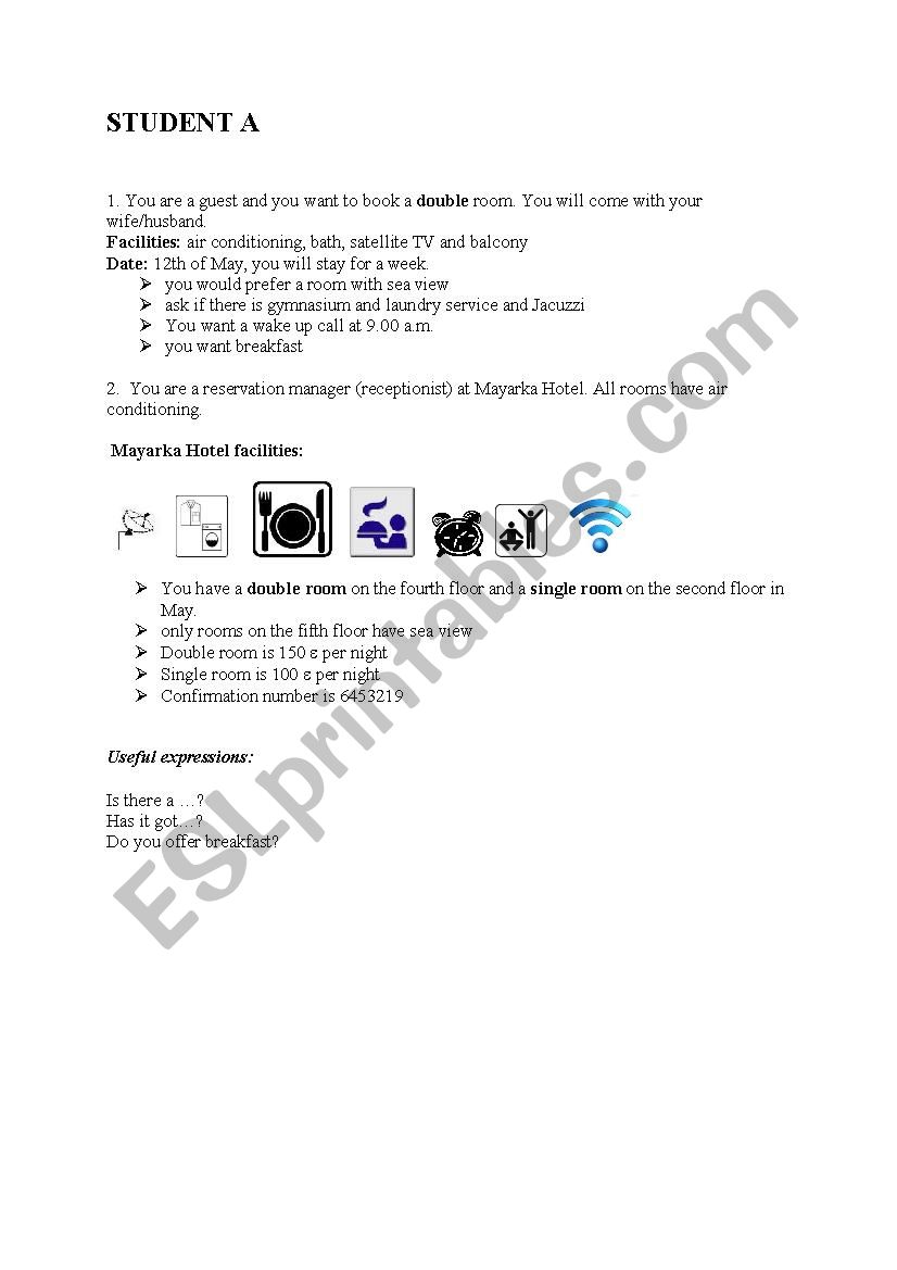 booking a hotel room -pairwork