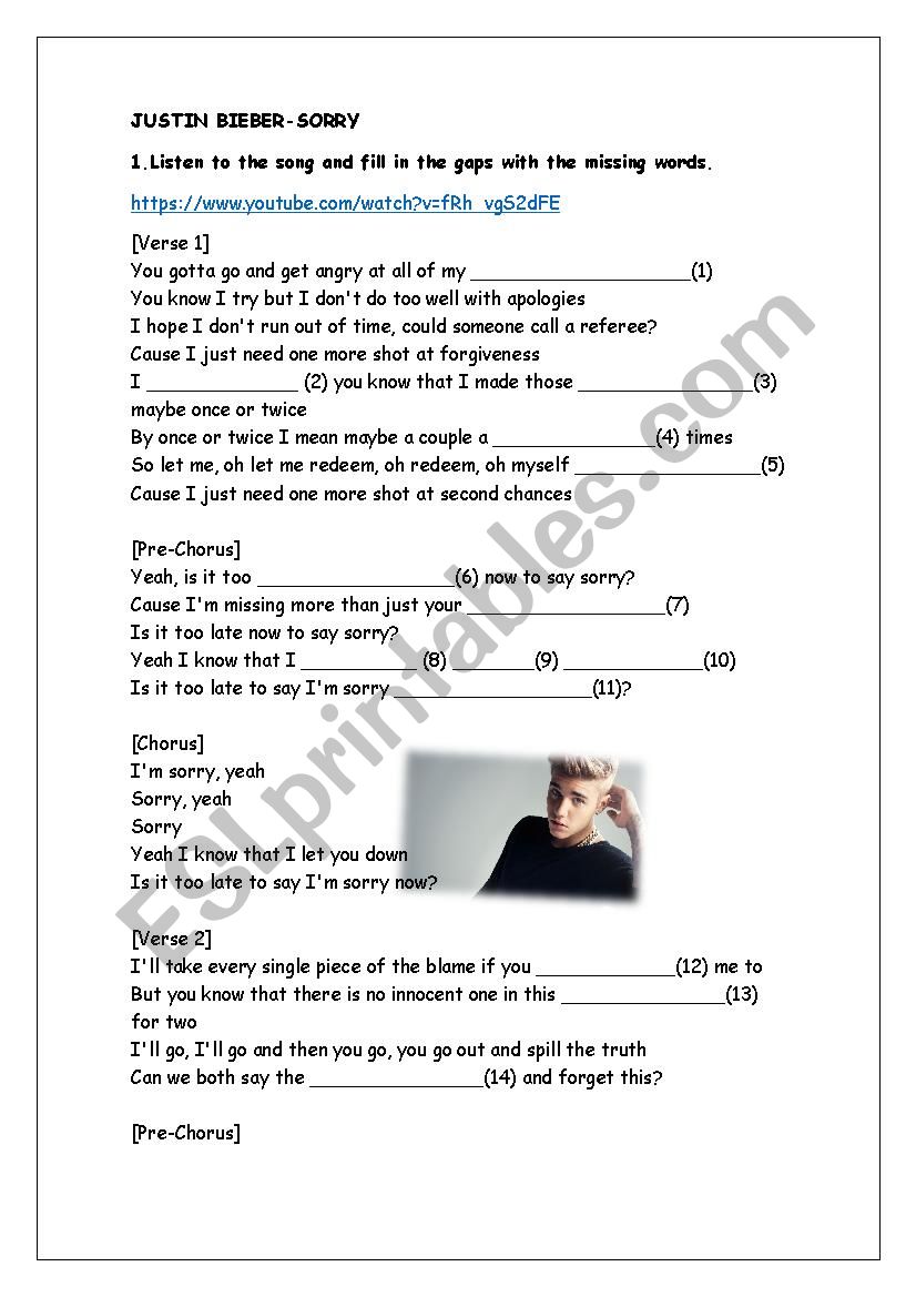 Song Worksheet: Sorry by Justin Bieber