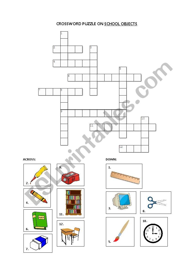 CROSSWORD PUZZLE ON SCHOOL OBJECTS