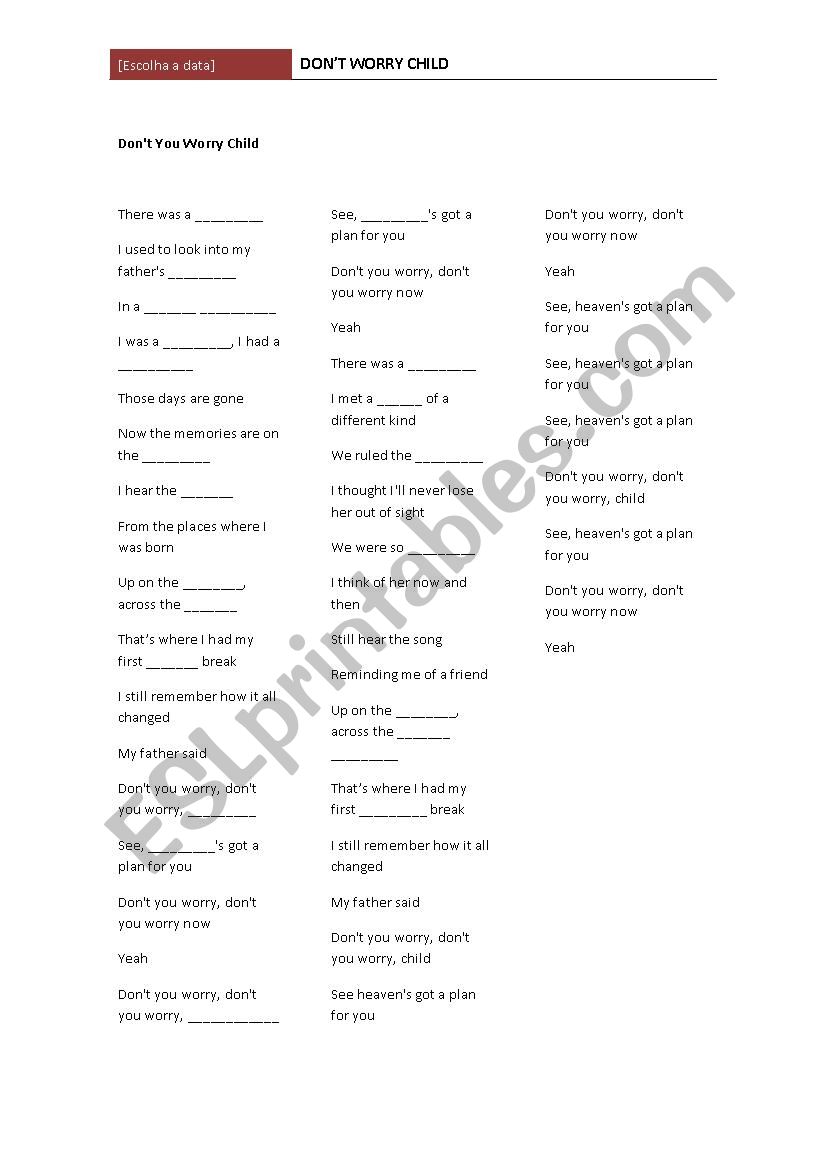 Dont worry child worksheet