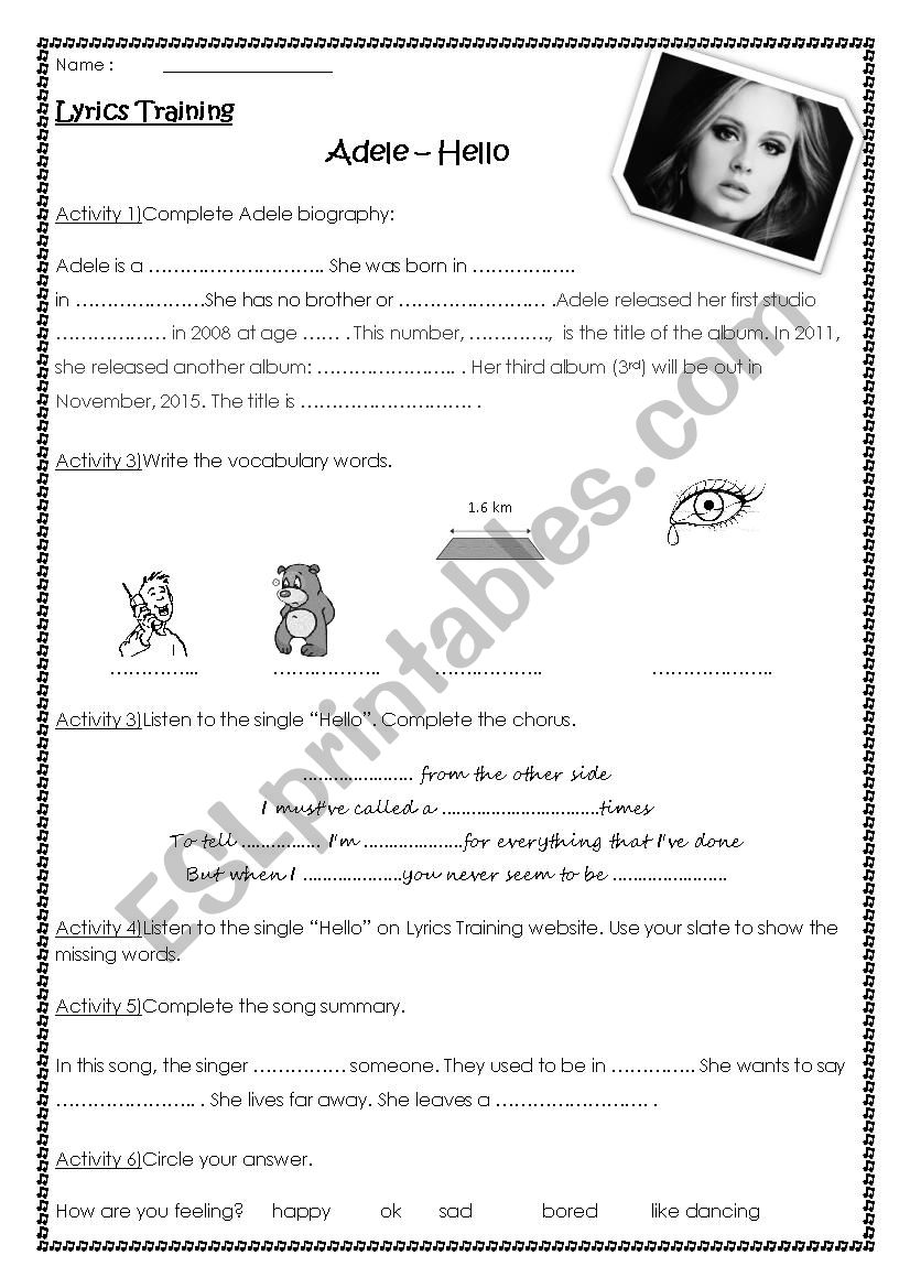 Adele Hello Lyrics training worksheet