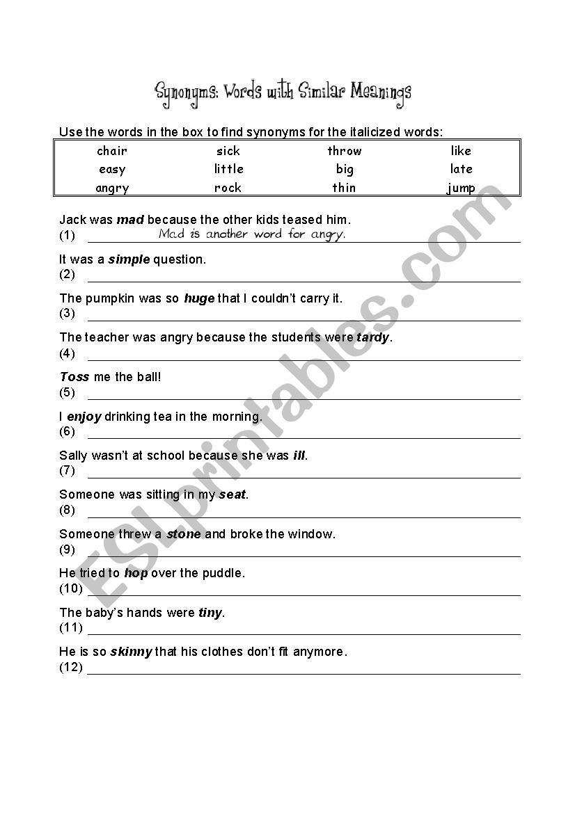 English synonimes worksheet
