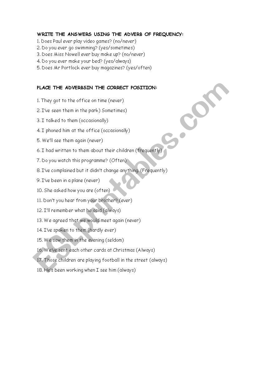 Adverbs of frequency worksheet
