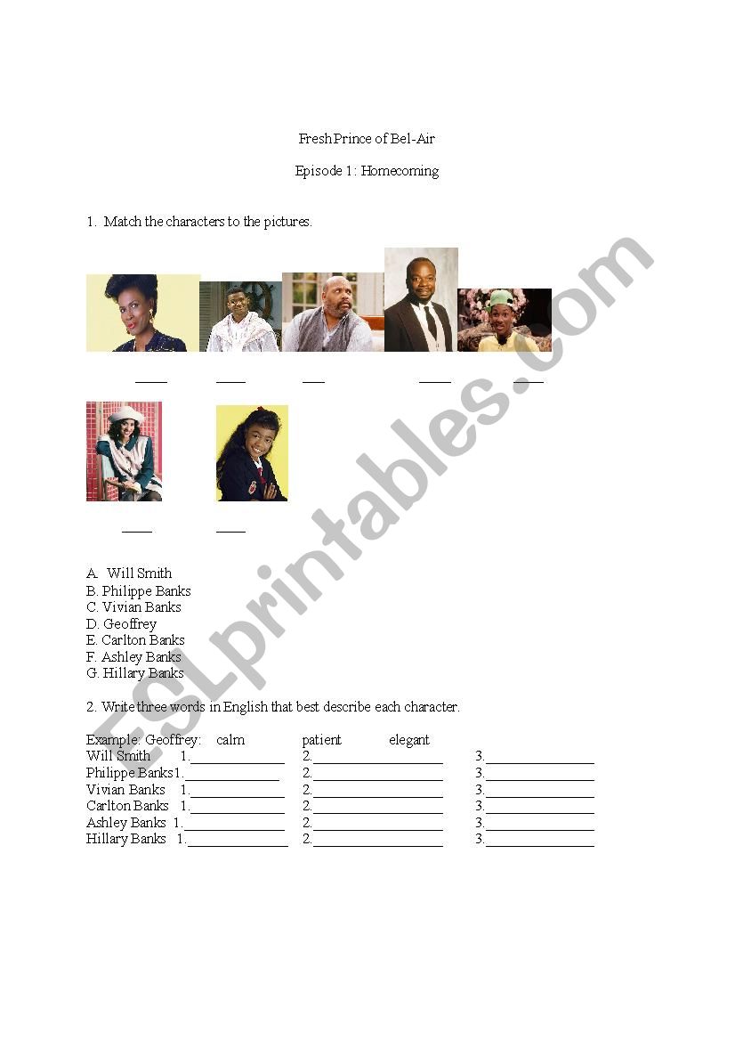 Esl Activity For The Fresh Prince Of Bel Air Season 1 Episode 1 Esl Worksheet By Topbullets