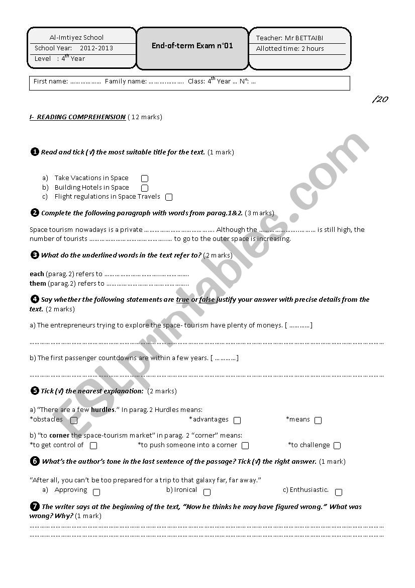 End-of-term Exam n01 4th year tech (1) 2012