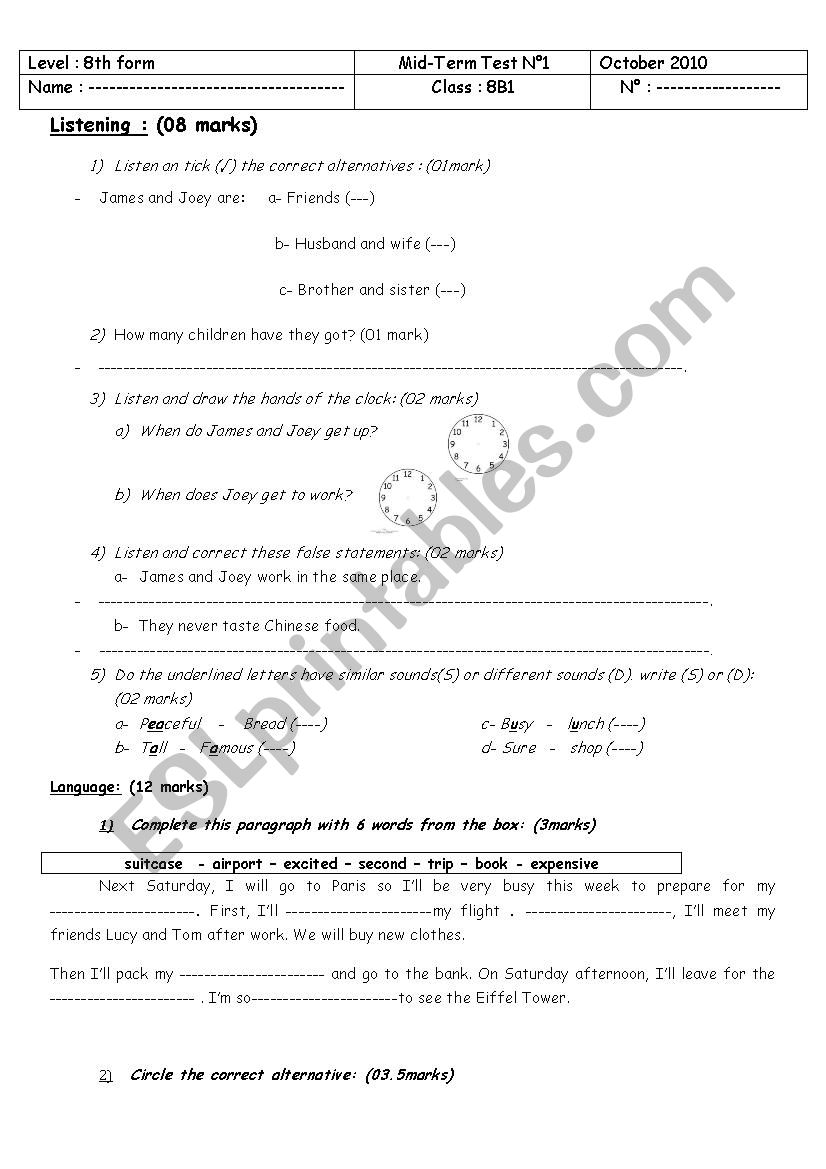 mid term test n1 8th former worksheet