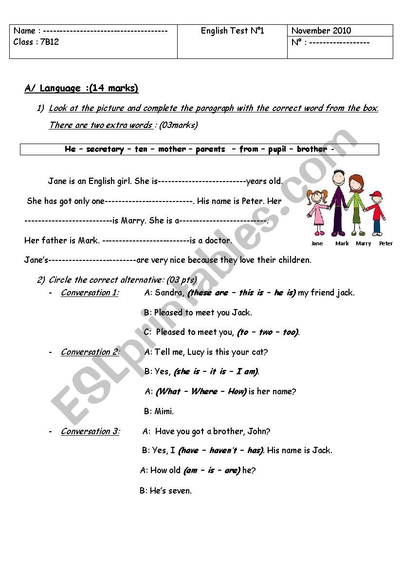 mid term test n1 7th form worksheet
