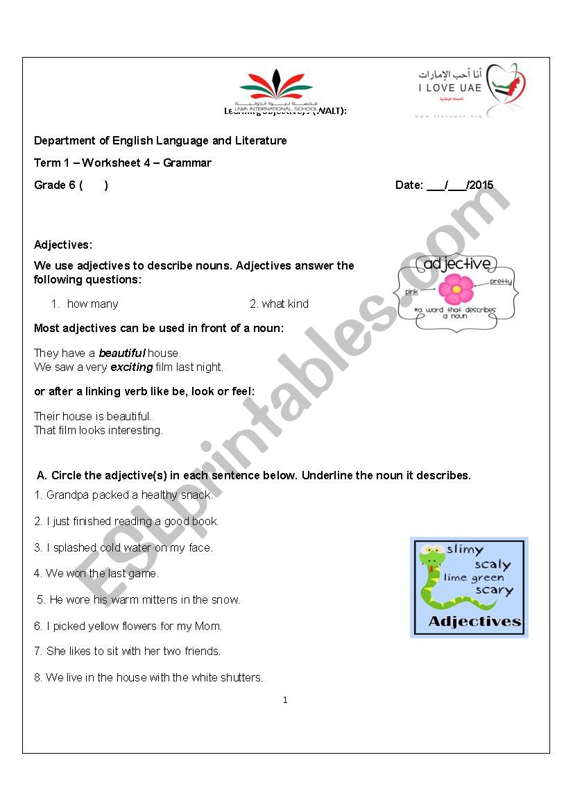 Adjectives Worksheet worksheet