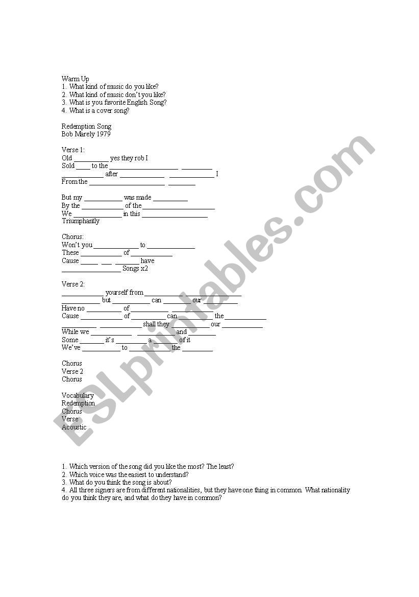 Redemtption Song worksheet