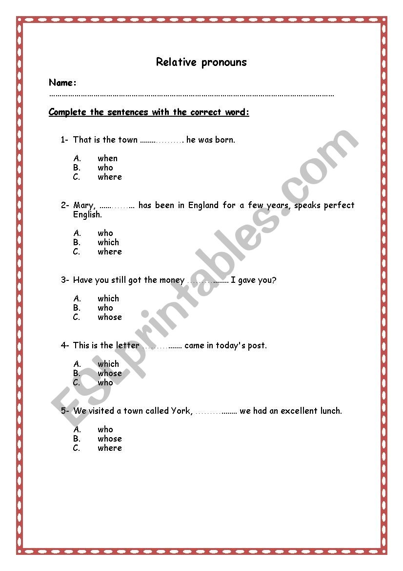 Relative pronuns worksheet