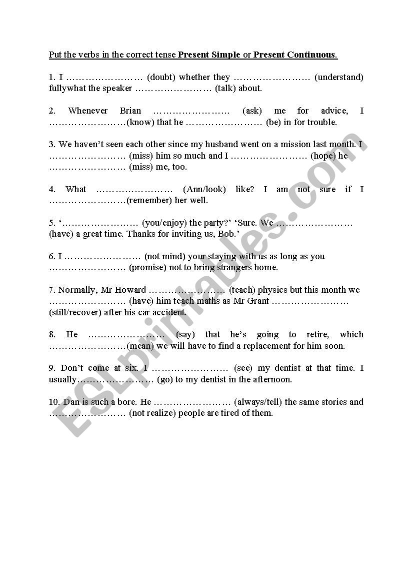 Present Simple and Present Continuous - exercises