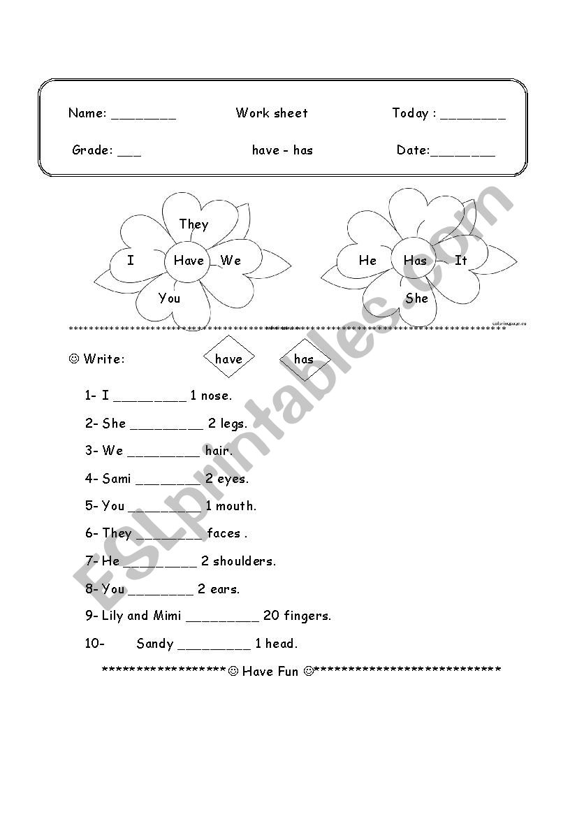 Have- Has worksheet