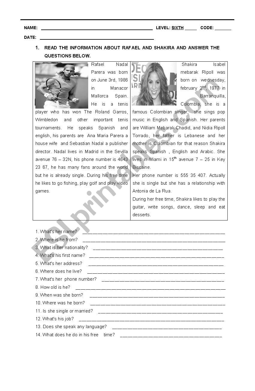 Personal information worksheet