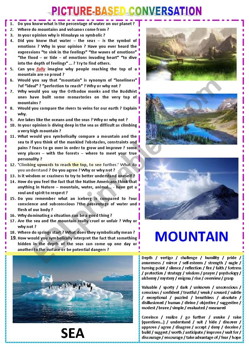 Picture-based conversation  : topic 90 - mountain vs sea (symbolic meaning)