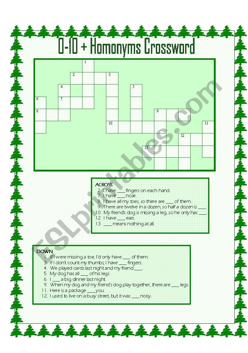 0-10 + Homonyms Crossword worksheet