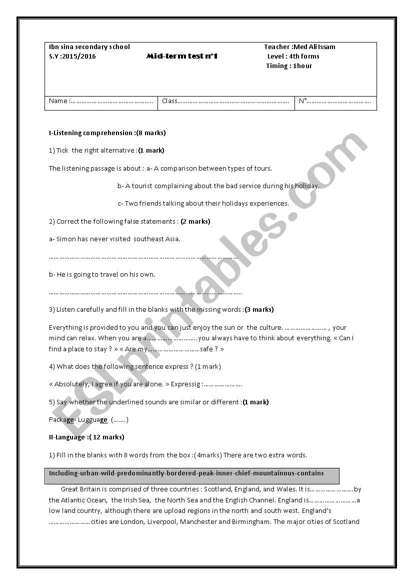 Mid -term test n 1 for 4th forms