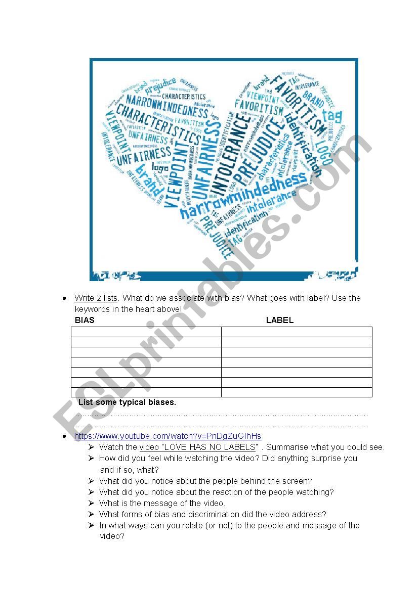 Love has no labels worksheet