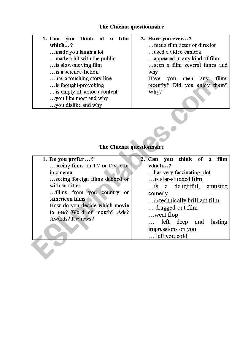 Cinema questionnaire worksheet