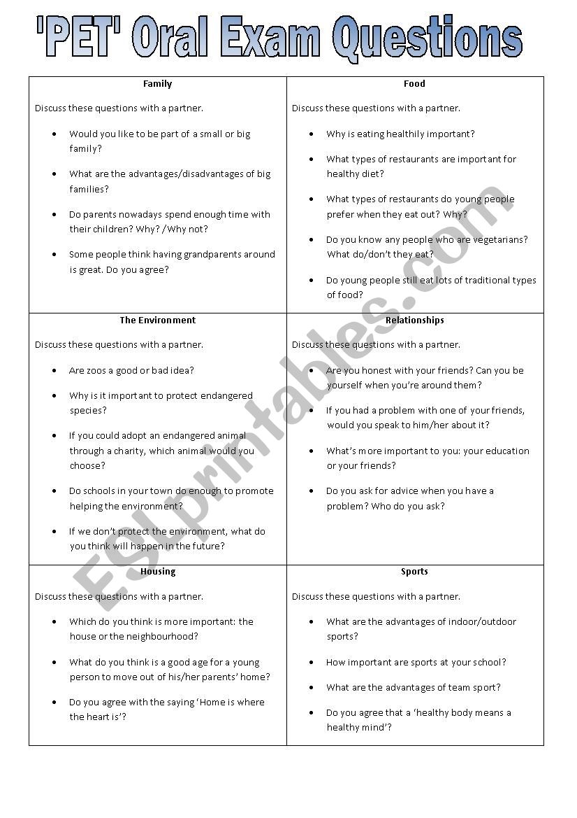 Â´PETÂ´ Oral Exam Questions worksheet