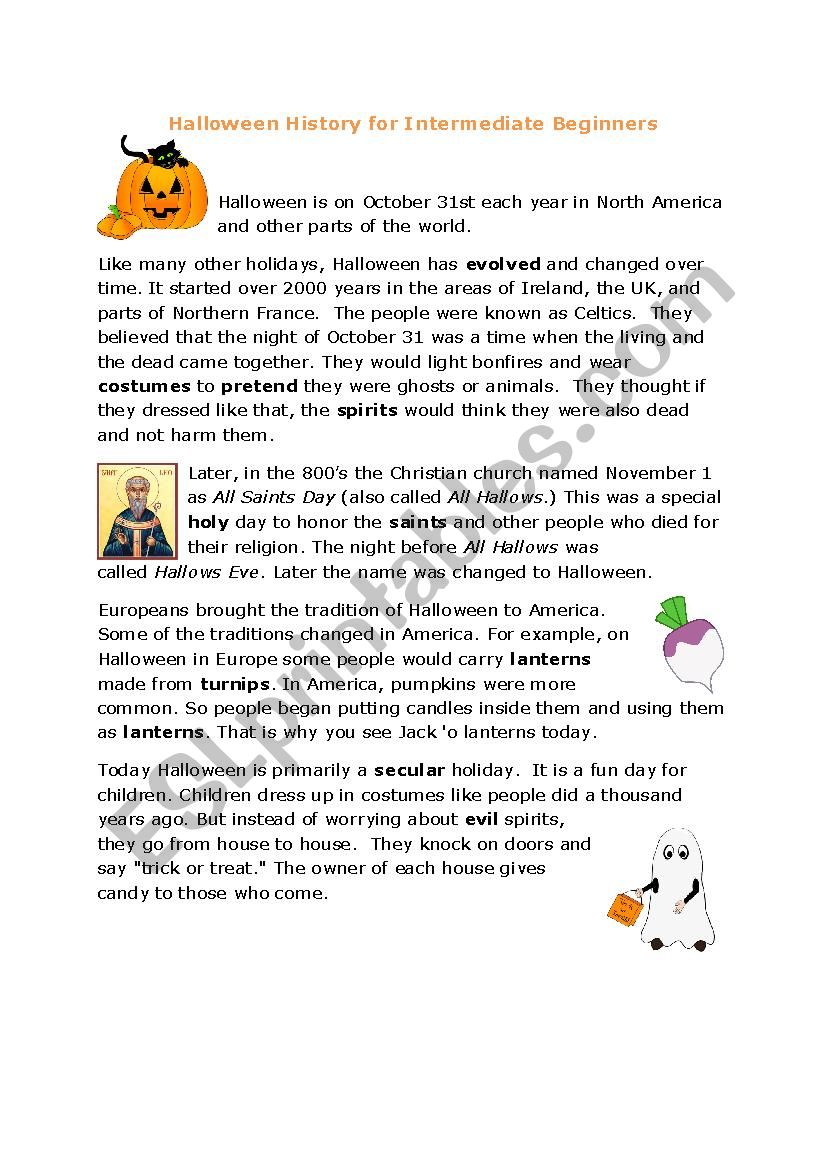 History of Halloween Reading Activity, Conversation, and Vocabulary