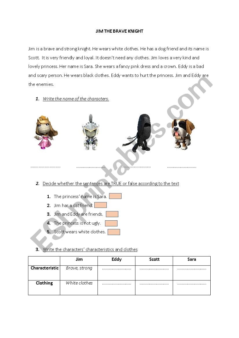 Jim the Brave Knight worksheet