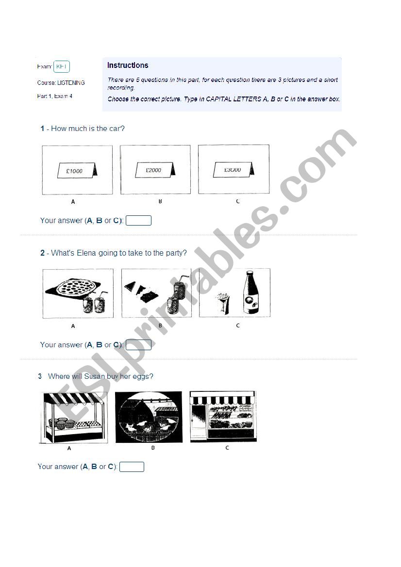 Ket Listening part 1 and 2 worksheet