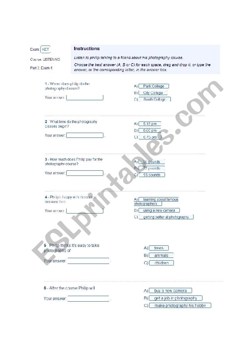 Ket Listening part3 worksheet
