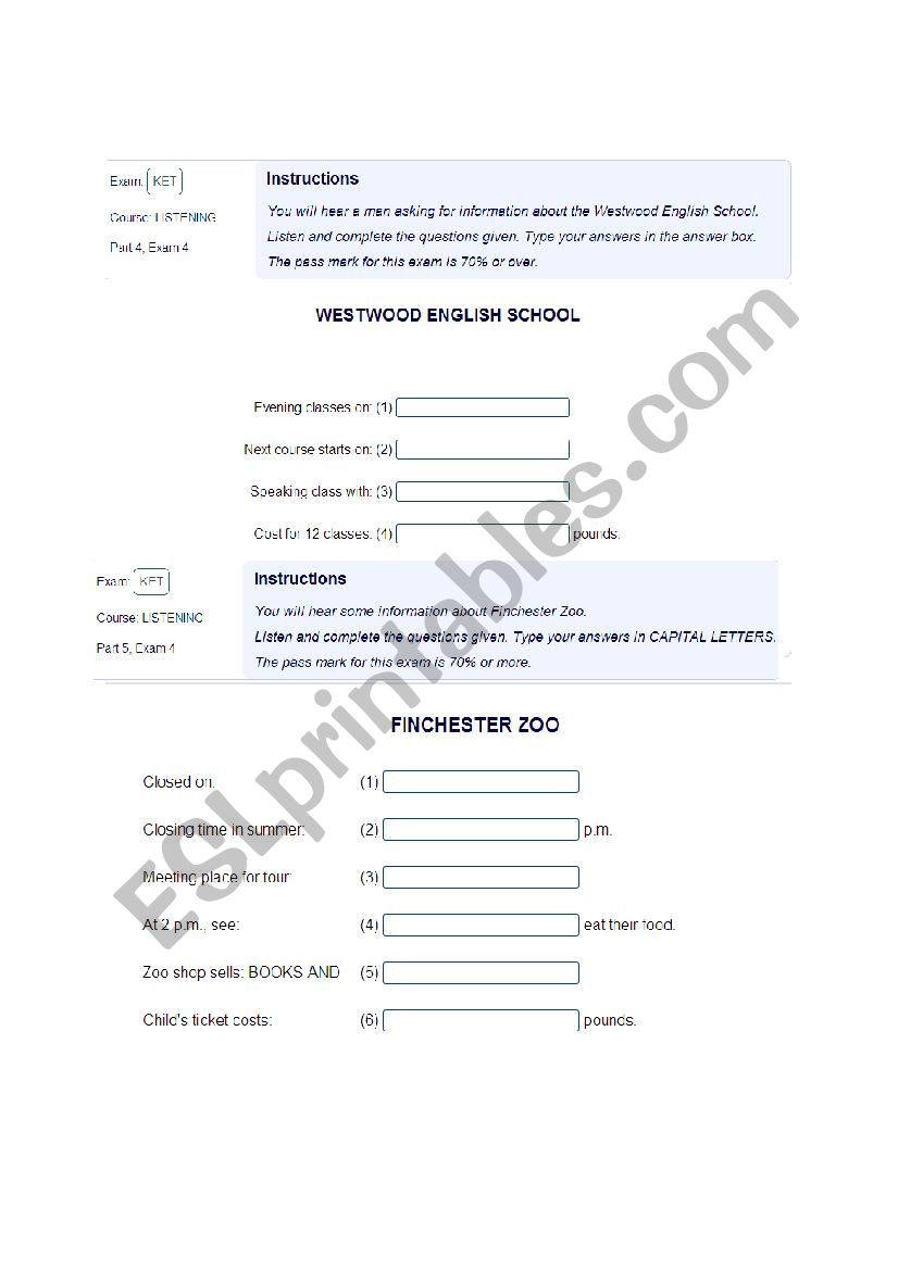 Ket Listening parts 4 and 5 worksheet