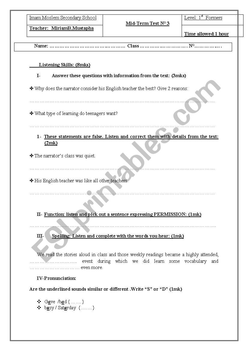 exam sample 1st year worksheet