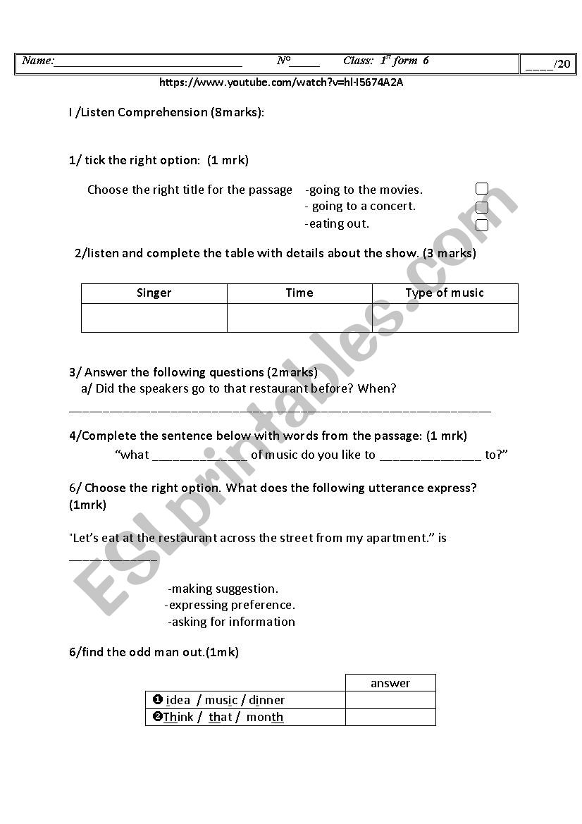 mid term test 1  1st form worksheet