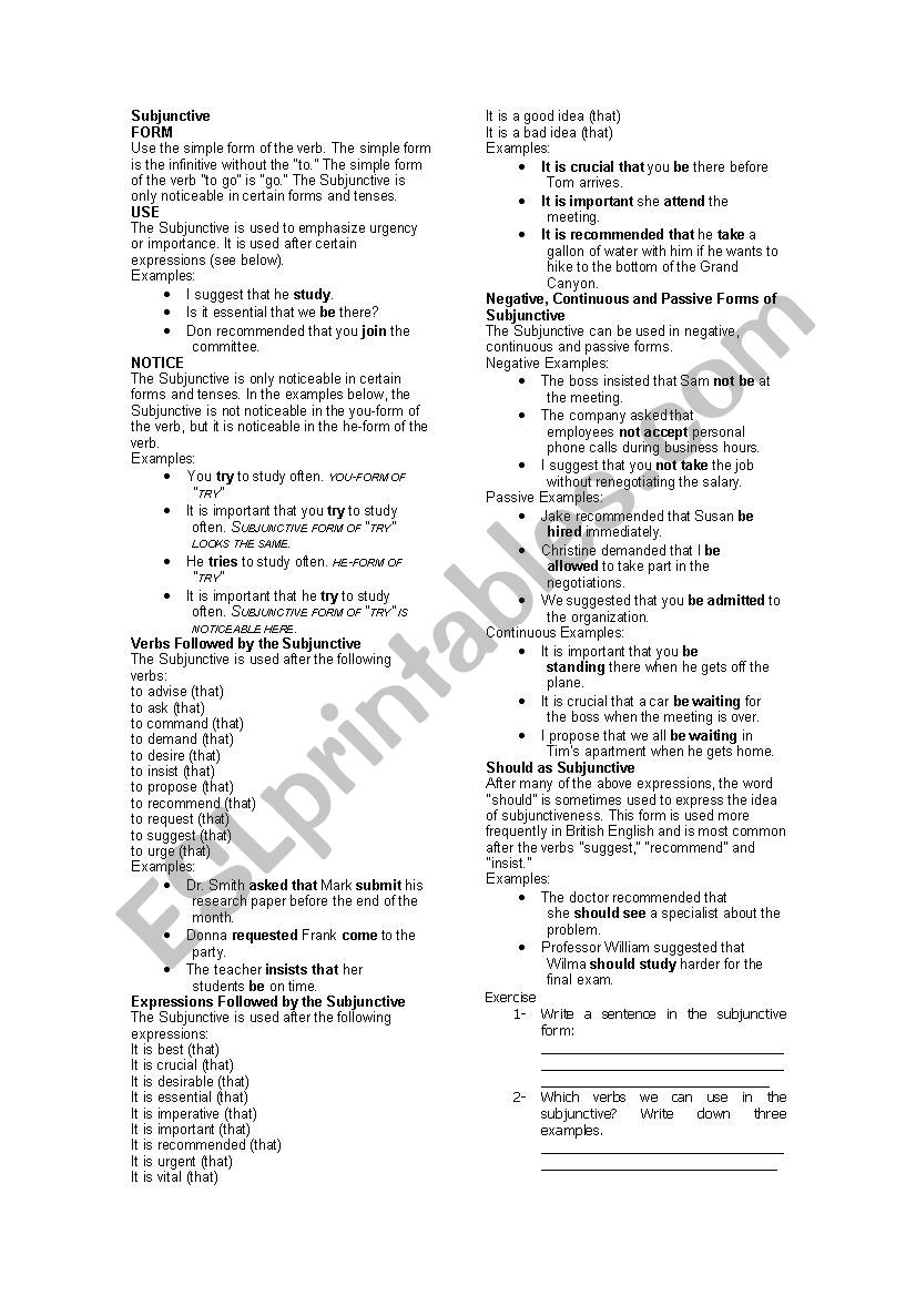 Subjunctive worksheet