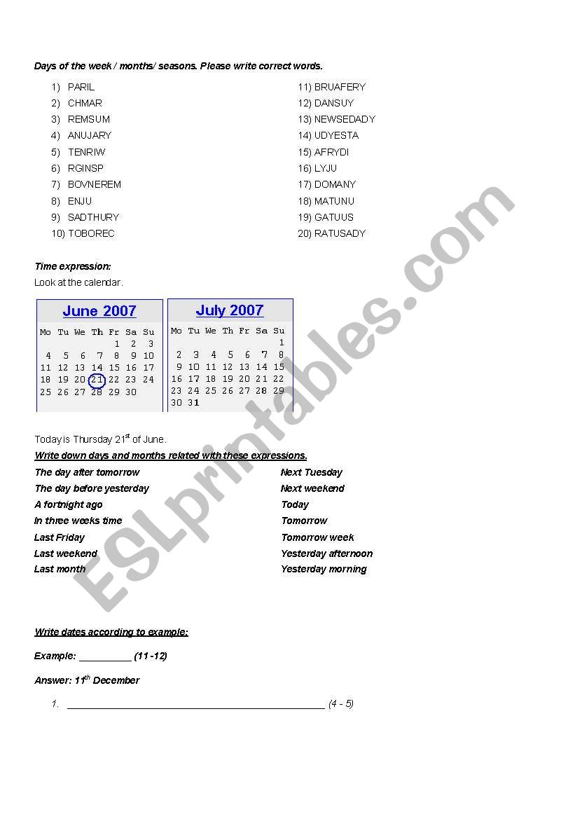 Days of the week, months worksheet