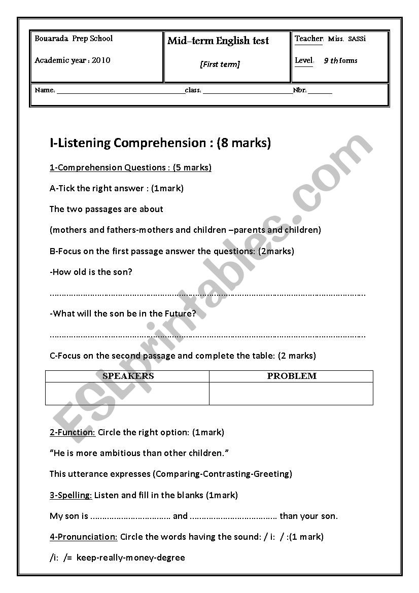 LISTENING COMPREHENSION worksheet