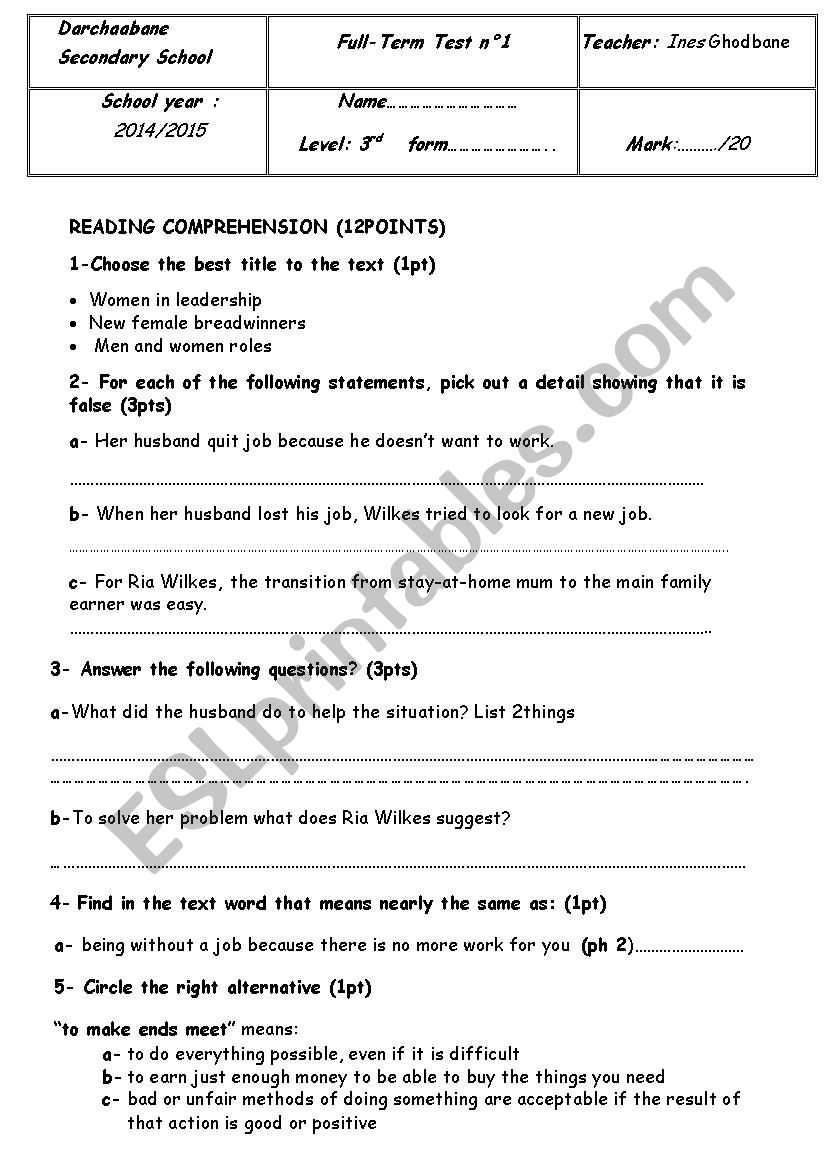 full term test N1for 3rd formers