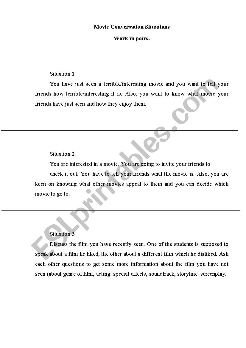 Movie Conversation Situations worksheet