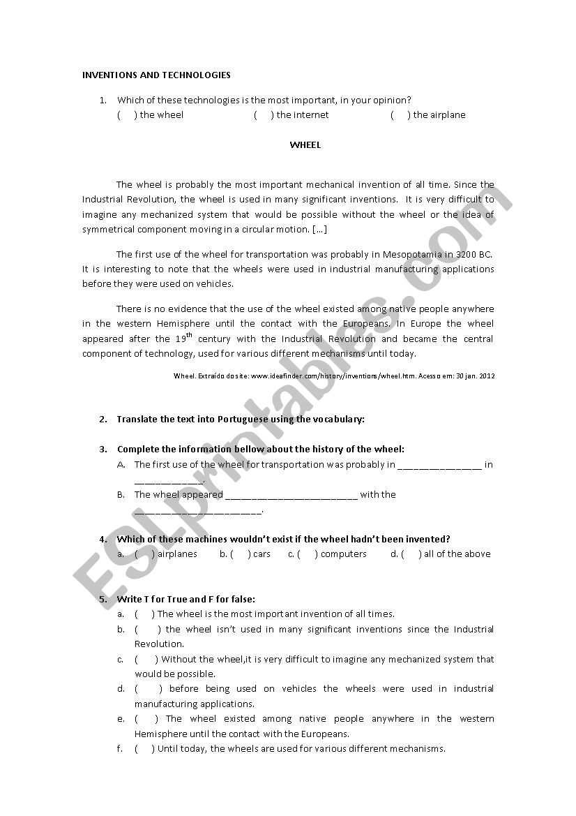 The wheel worksheet