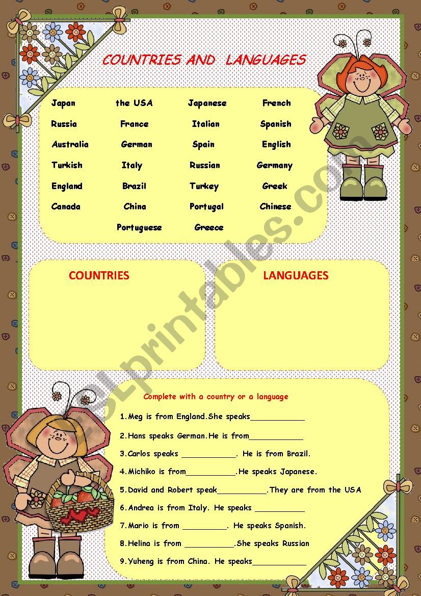 COUNTRIES AND LANGUAGES worksheet
